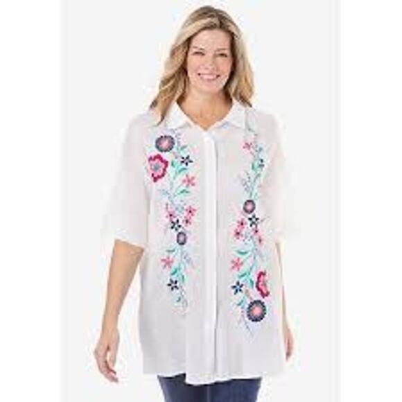 Woman Within Plus Size Embroidered Gauze Shirt Floral White Beach Summer 3X - Picture 1 of 14